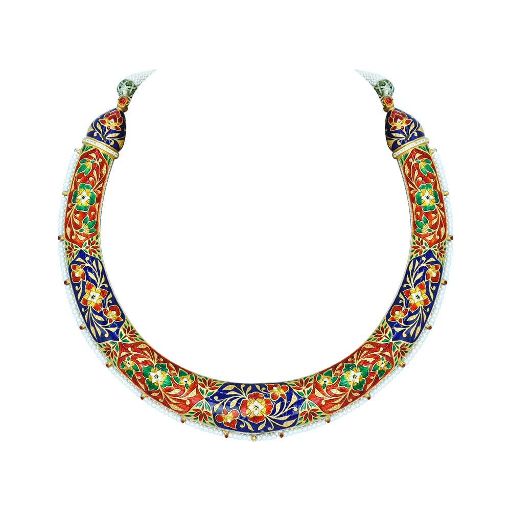 Green Enamel Hasli with Polki Diamonds and Pearl Accents